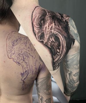 Stencil Tattoo. Beginning of Horror shoulder back tattoo