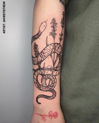 Snake & Lavender Blackwork Tattoo by Kirstie at KTREW Tattoo - Birmingham UK #snaketattoo #lavendertattoo #forearmtattoo #tattoos #floral #blackworktattoo