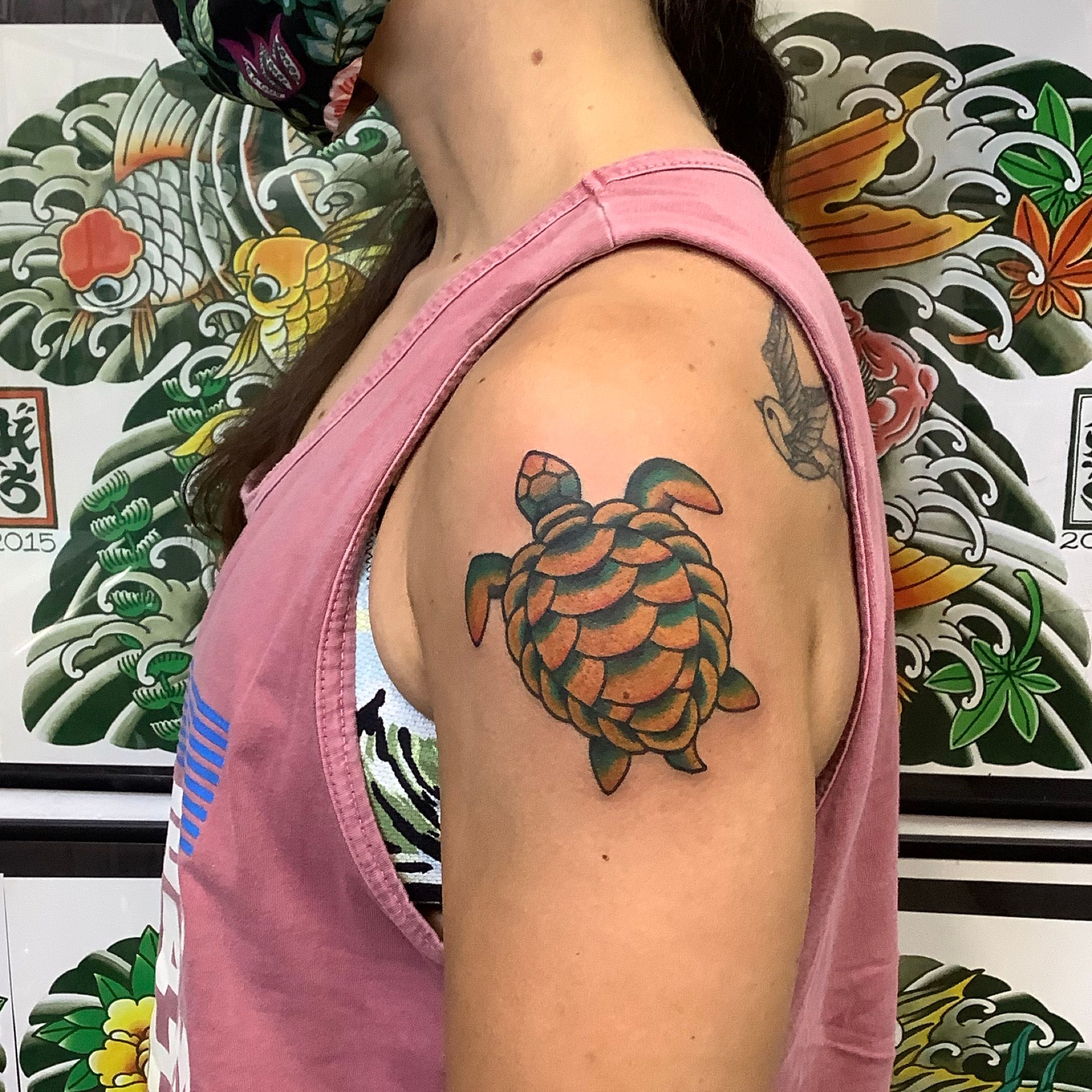 Shellback Turtle with date and coordinates by Bean at Artisan body piecing  and tattoo in Norfolk VA  rtattoos
