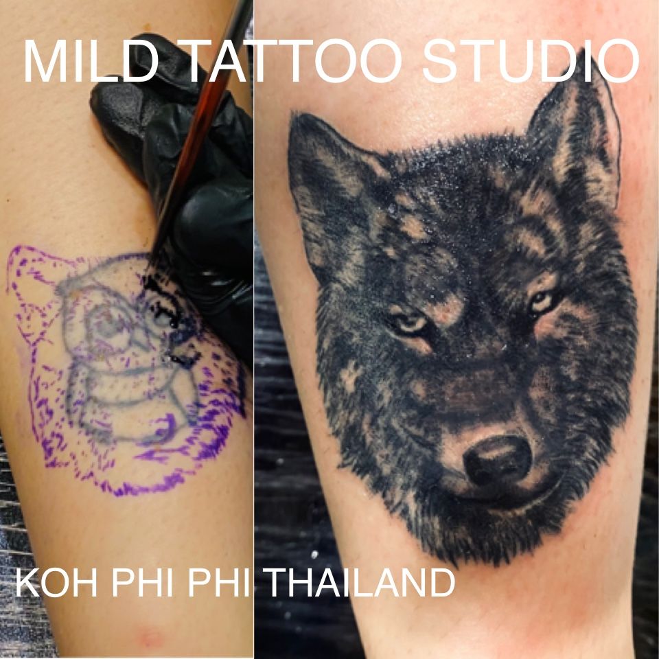 Wolf and moon cover up tattoo by Haylo TattooNOW
