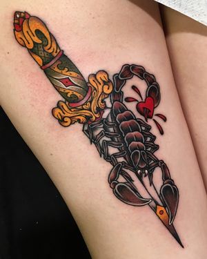 Illustrative design for upper leg placement in London, GB. A powerful combination of a scorpion and dagger motif.