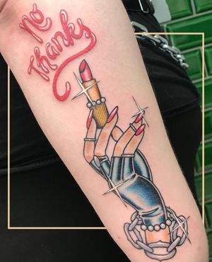 Illustrative design of a hand with lipstick, ring, gloves, and pearl on arm. Located in London, GB.