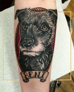 Get a stunning neo-traditional illustrative dog tattoo on your forearm in London, GB. Perfect for dog lovers!