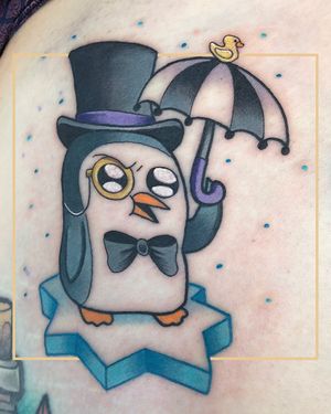 Get inked with a playful new school design featuring an umbrella, penguin, and duck on your arm in London, GB.