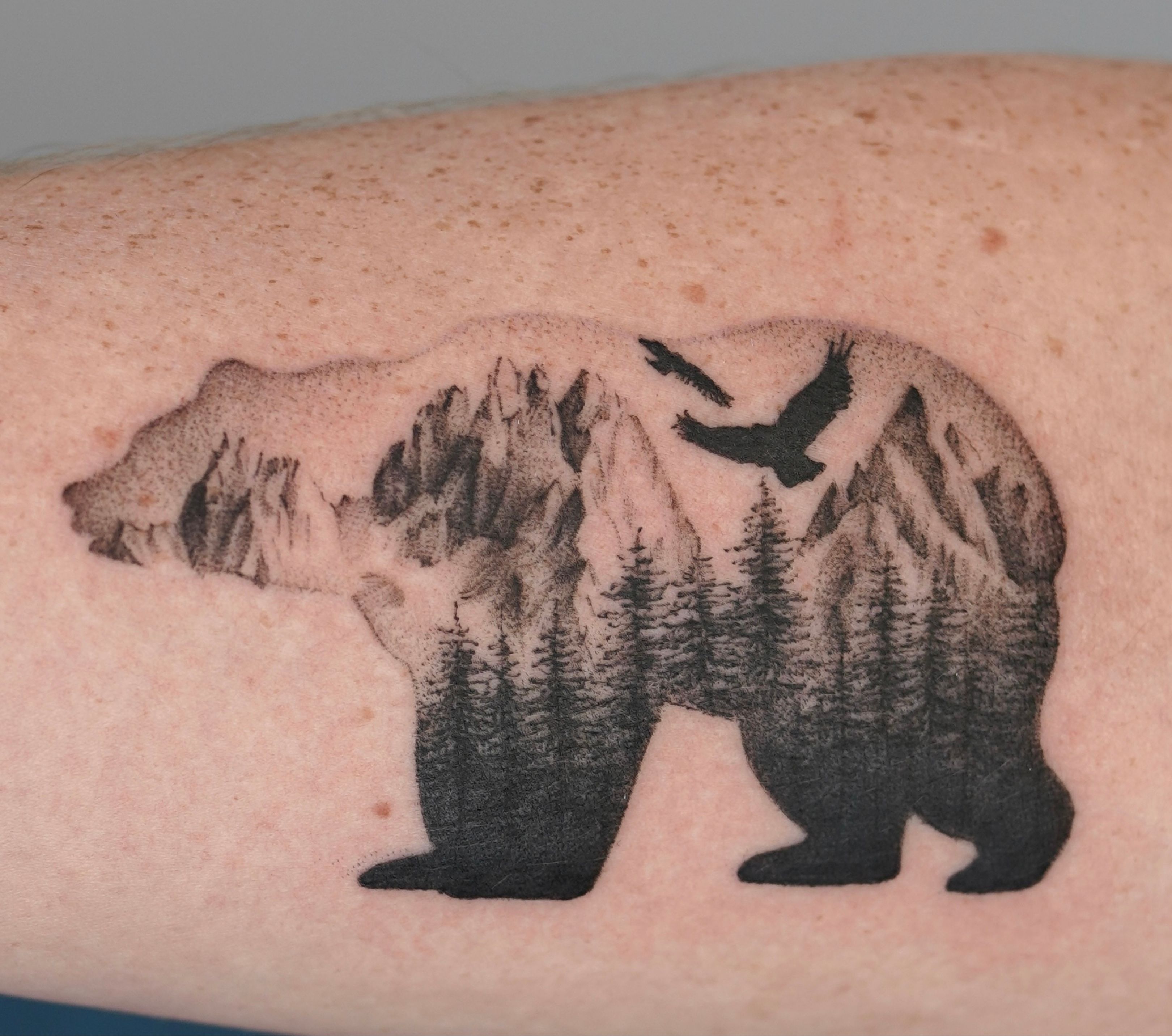 Tattoo uploaded by Jeff • Bear silhouette tattoo with trees, mountains, and  birds. By Chris Xu at MODO INK #blackandgray #bear #nature #tattoo #birds  #mountains #trees • Tattoodo
