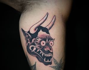 Embrace the dark allure of this blackwork hannya tattoo by Felipe Reinoso, combining traditional and illustrative styles.