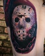 Jason voorhees from Friday the 13th. Love the movies and especially loved tattooing this one. 2nd part of a full slasher leg sleeve. The ghost face in the next image is right above this one. 