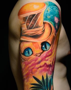 #tatuaż #tatuaże #tattoo #tatuazewarszwa #tatuazwarszawa #warszawa #tattoos #Cheshire #kot #liście #chmury #kapelusz #rękaw #ręka #sleeve #cat #polska #poland #alicja #w #krainie #czarów #sen #dreamy #kolor #dali #zegar #oblicze #wojny #tributetattoo #słonie