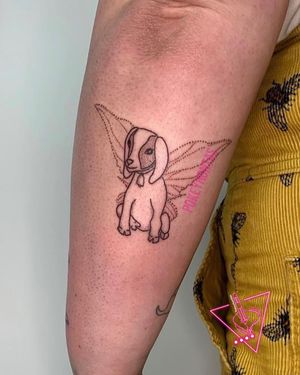 Hand-Poked Baby Goat w/ Fairy Wings Tattoo by Pokeyhontas | KTREW Tattoo - Birmingham UK #stickandpoketattoo #handpoketattoo #handpushed #goattattoo #babygoat #fairy #forearmtattoo