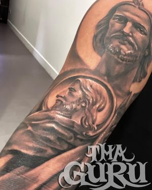Get a stunning black and gray tattoo of Jesus with a beard, done by Corei. Perfect for your sleeve.