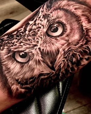 Beautiful black and gray owl tattoo by Corei, combining realism and illustrative styles on the forearm.