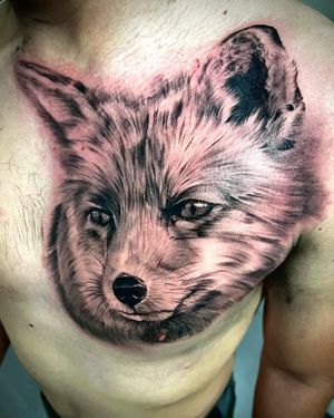 Experience the power of the wild with this black and gray wolf tattoo by Corei. Perfect for chest placement.