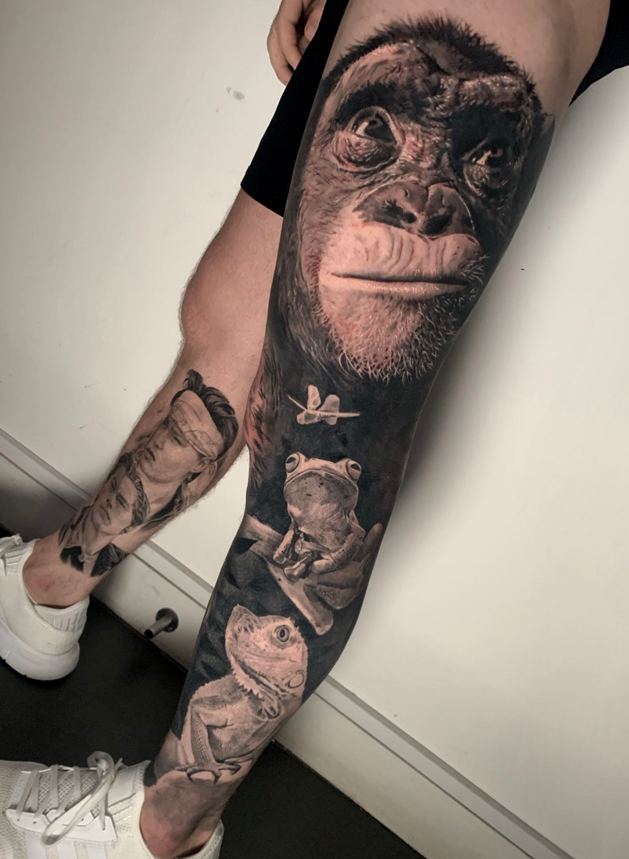 Check out this awesome #chimpanzee #frog #blackandgrey #tattoo that  @alejandrorostattoo created, which is an excellent example of the fan... |  Instagram