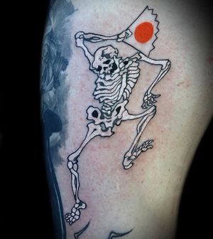 Get a unique and intricate illustrative arm tattoo featuring a skeleton and traditional Japanese fan motif in London, GB.