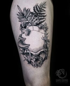 Get a striking black & gray skull and leaf tattoo on your upper arm in London for a unique and edgy look.