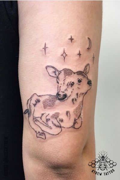 Two Headed Baby Calf Blackwork Tattoo by Kirstie | KTREW Tattoo - Birmingham UK #tattoos #armtattoo #cow #calf #finelinetattoo #blackworktattoo