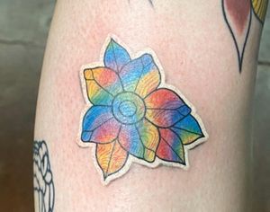 Rainbow flower sticker tattoo! #losangeles #orangecounty #longbeach #california #californiatattoos #wip #tattoo #tattoos #tat #tattooed #tattooer #sicktatz #supersicktatzyoudontevenknow #art #color #colortattoo #flower #flowertattoo #sticker #stickertattoo 