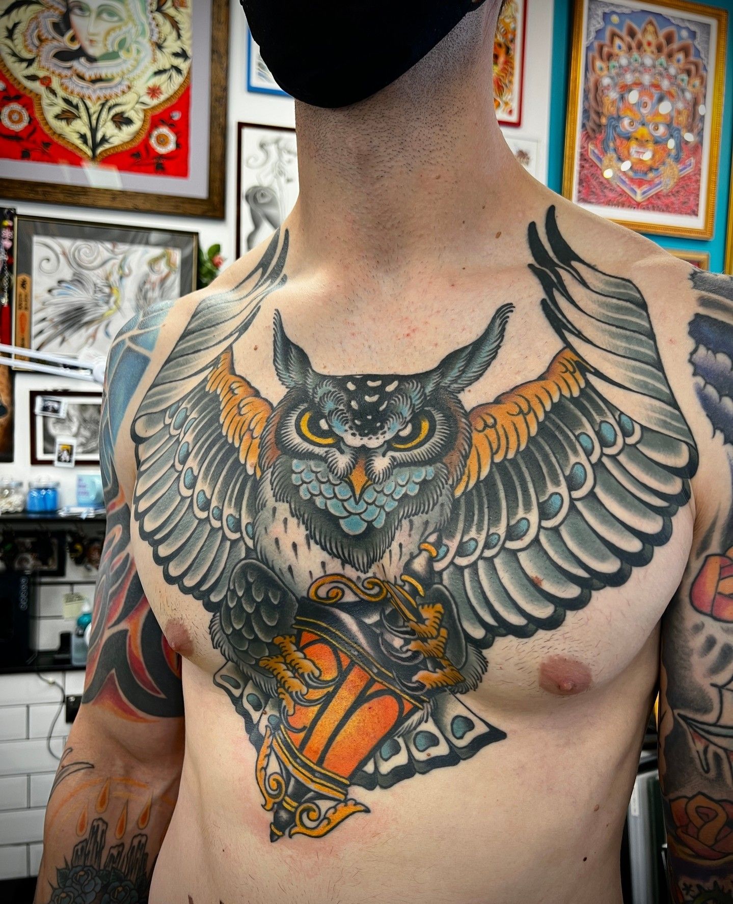 Inkmaniak tattoos - Recently finished this massive traditional owl chest  piece! enjoyed doing it and pretty stoked with the outcome | Facebook