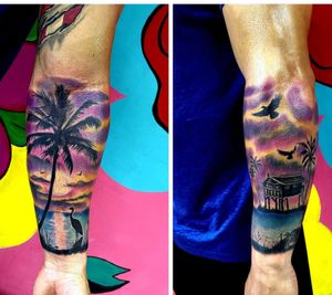 Beach House Tattoo #PuertoRico #Beach #PalmTree #HalfSleeve #Sleeve #BeachHouse #Boricua #Ocean #Realism #Ink 