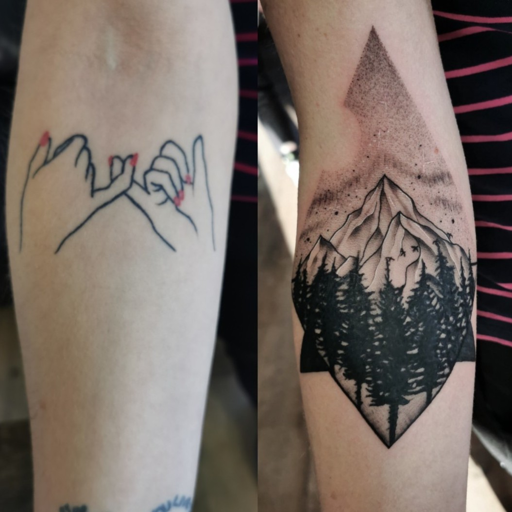 Coverup tattoo with mountains by Vienna Cabrita at Battle Born Tattoo  Reno NV  rtattoos