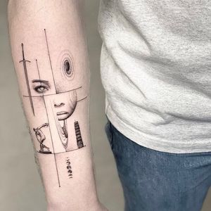 This blackwork, fine line, and illustrative tattoo features a planet, sword, woman, man, and eye, beautifully crafted on a forearm in Los Angeles.