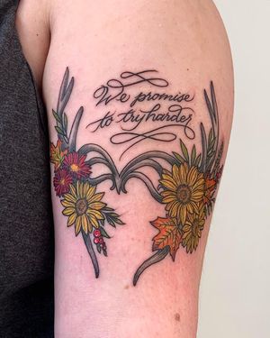 Beautiful illustrative flower design by Brigid Burke, perfect for upper arm placement.