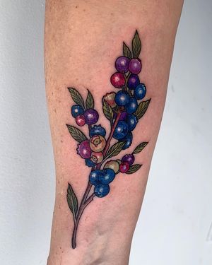 Vibrant forearm tattoo by Brigid Burke featuring a beautiful mix of flowers and fruits in a unique watercolor style.