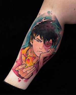 Vibrant watercolor lower leg tattoo of a man engulfed in flames, expertly done by Artemis in an illustrative style.