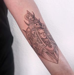 Detailed illustrative design by Polina, perfect for the forearm. Features a skull, axe, and man motif.
