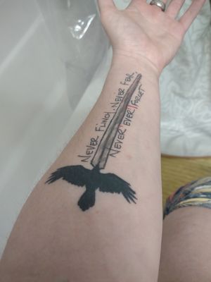 My Nevernight tattoo. Jay Kristoff himself actually wrote the writing for me. Hoping to add a shadow cat, shadow wolf and slave brand to the tattoo eventually 