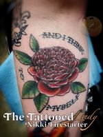 What a wonderful world. Part of a sleeve in progress, this English Charlotte rose is dedicated to his daughter. Linework here is healed, while color is fresh. . . . . #tattoos #BodyArt #BodyMod #modification #ink #art #QueerArtist #QueerTattooist #MnArtist #MnTattoo #TattooArt #TattooDesign #TheTattooedLady #TattooedLadyMN #NikkiFirestarter #FirestarterTattoos #firestarter #MinnesotaTattoo #MNtattooers #DarkLab #FKiron #EternalInk #Saniderm #H2Ocean #rose #AmericanTraditional #EnglishCharlotteRose #ColorTattoo #RoseTattoo #WonderfulWorld