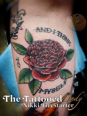 What a wonderful world. Part of a sleeve in progress, this English Charlotte rose is dedicated to his daughter. Linework here is healed, while color is fresh. ....#tattoos #BodyArt #BodyMod #modification #ink #art #QueerArtist #QueerTattooist #MnArtist #MnTattoo #TattooArt #TattooDesign #TheTattooedLady #TattooedLadyMN #NikkiFirestarter #FirestarterTattoos #firestarter #MinnesotaTattoo #MNtattooers #DarkLab #FKiron #EternalInk #Saniderm #H2Ocean #rose #AmericanTraditional #EnglishCharlotteRose #ColorTattoo #RoseTattoo #WonderfulWorld