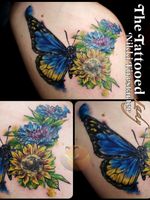 Butterfly done recently, with sunflower and a couple of blue cornflowers. Splashy watercolor is a lot of fun for me. 😊 Linework here is healed, color is fresh. 🦋🌻 . . . . #tattoos #BodyArt #BodyMod #modification #ink #art #QueerArtist #QueerTattooist #MnArtist #MnTattoo #TattooArt #TattooDesign #TheTattooedLady #TattooedLadyMN #NikkiFirestarter #FirestarterTattoos #firestarter #MinnesotaTattoo #MNtattooers #DarkLab #FKiron #EternalInk #Saniderm #H2Ocean #butterfly #watercolor #sunflower #ButterflyTattoo #FullColor #BlueCornflowers