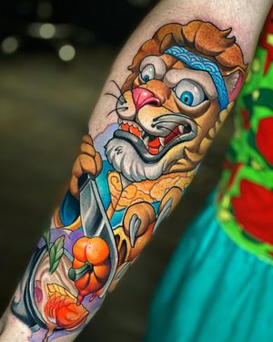 Featuring a bold lion, fish, bowl, knife, bell pepper, and pepper in vibrant new school style. Located in Miami, US.