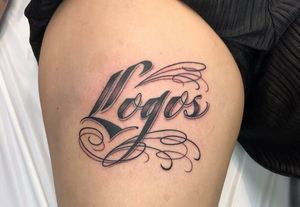 Get a unique upper leg tattoo with detailed blackwork, lettering, and illustrative style by renowned artist Jose Cordova.