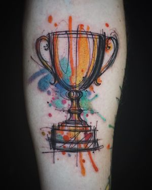 Unique watercolor tattoo featuring a sketchwork trophy design by Aygul. Perfect for forearm placement.