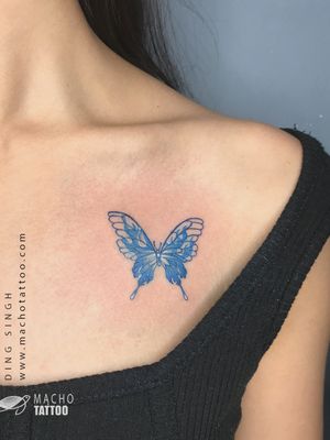 Blue Watercolor Butterfly Tattoo on Female