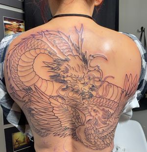 Beginning of a back piece.  Dragon and Phoenix 