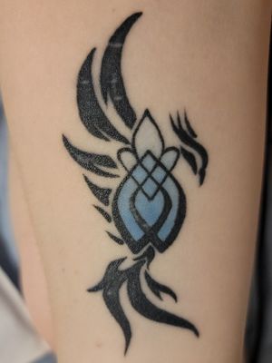 A phoenix tattoo done on November 30th. The symbol in the middle is the sexual assault survivor symbol. This tattoo mean a lot to me and my growth from my trama. It does need a few touch ups as I work with my hands and it got stretched and pulled while healing. Thinking about getting another survivor symbol on my thigh next.