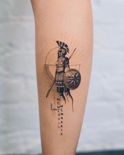 Fine line black and gray tattoo on forearm featuring a woman, sword, shield, and meaningful quote by Gabriele Edu.