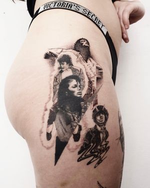 Celebrate music icons with a black and gray dotwork realism tattoo on your upper leg by Gabriele Edu.