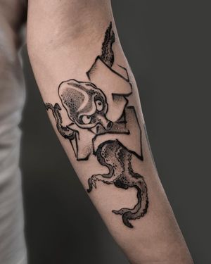Get inked with a stunning blackwork illustrative octopus design by FKM TATTOO on your forearm. Embrace the intricate details of Japanese art.