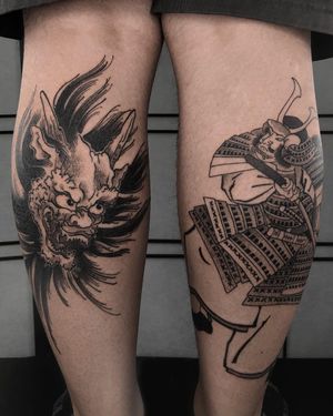 Inspired by Japanese art, this lower leg tattoo features a fierce dragon, sword, and samurai in detailed blackwork and dotwork by FKM Tattoo.
