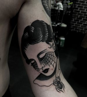 Spider girl done by @tavrov_tattoo (Gleb Tavrov)#traditional #blacktraditional