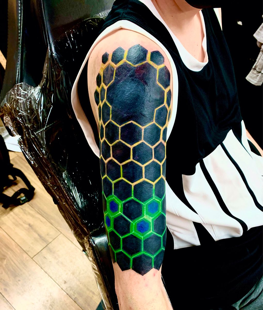 Tattoo uploaded by Katt Franich • Geometric Hexagon Half Sleeve (cover