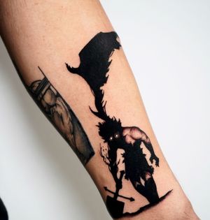 Unique blackwork design by Miss Vampira featuring a devil, angel, and hammer. Illustrative style, perfect for your forearm.