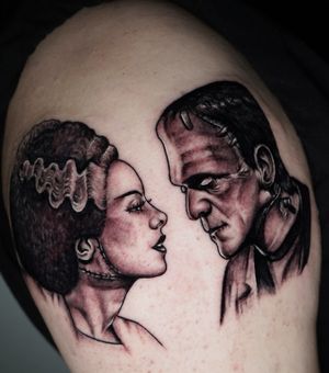 Unique blackwork tattoo on upper arm featuring a realistic and illustrative design of Frankenstein's woman by Miss Vampira.