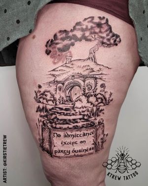 Blackwork Hobbit Scene by Kirstie @ KTREW Tattoo - Birmingham UK #blackwork #hobbit #lotr #thigh #tattoo #tattoos