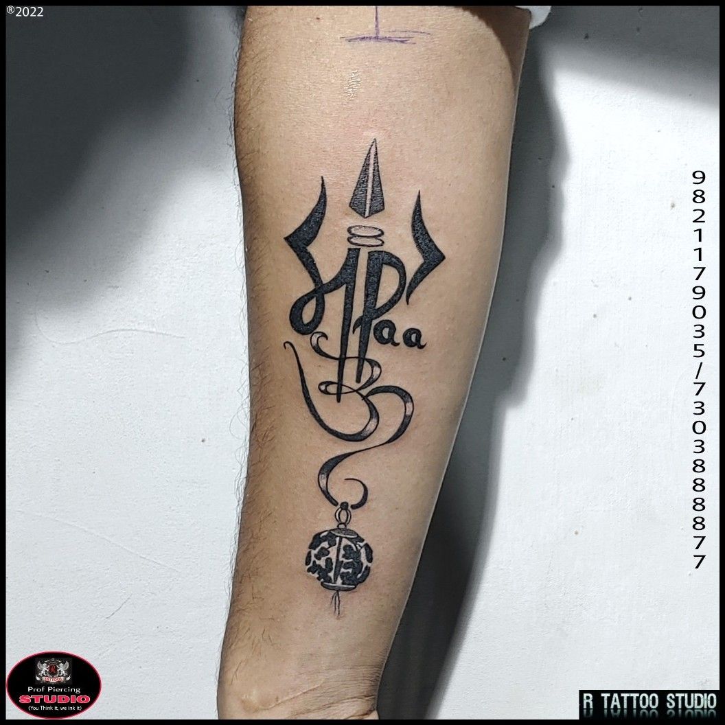 Grey Ink Trishul With Om Tattoo Design By Yogesh