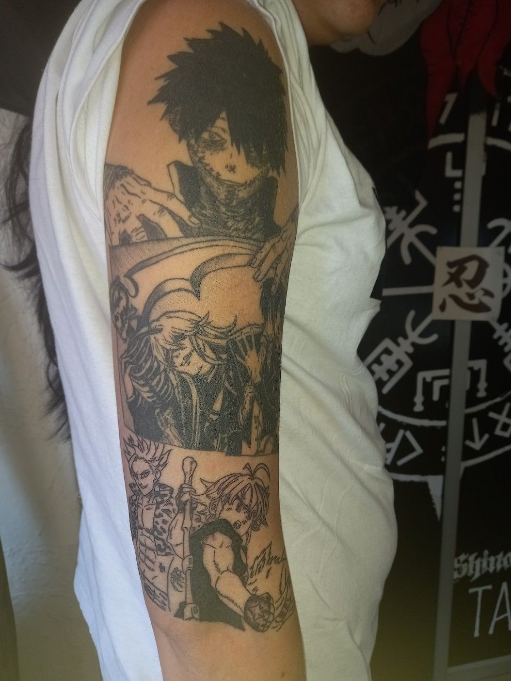 1st half of anime Sleeve done by Sneak from 1up ink tattoo studio Dallas,  TX : r/tattoos